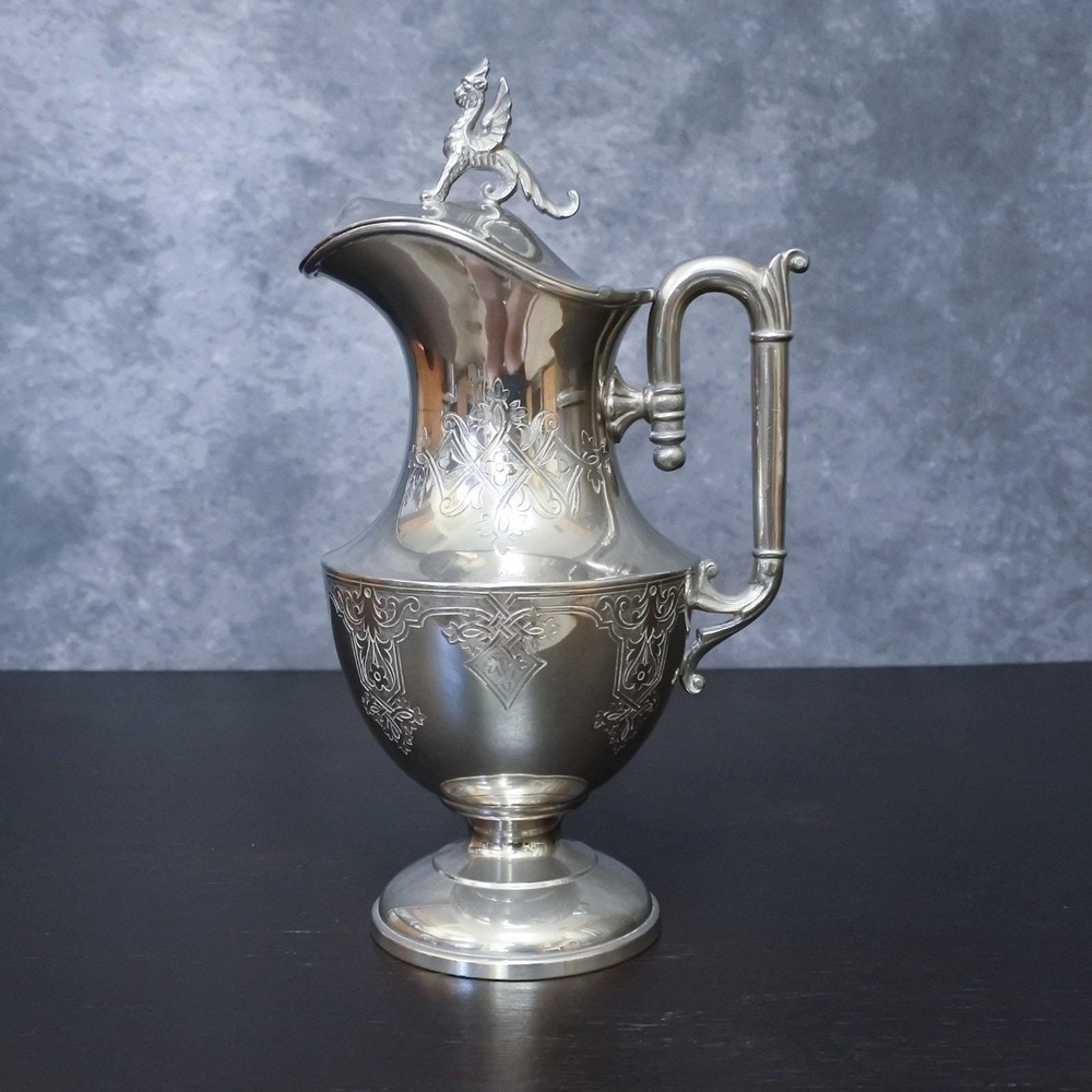 Antique Simpson Hall & Miller Dragon Lidded Silverplate Pitcher Wine Ewer